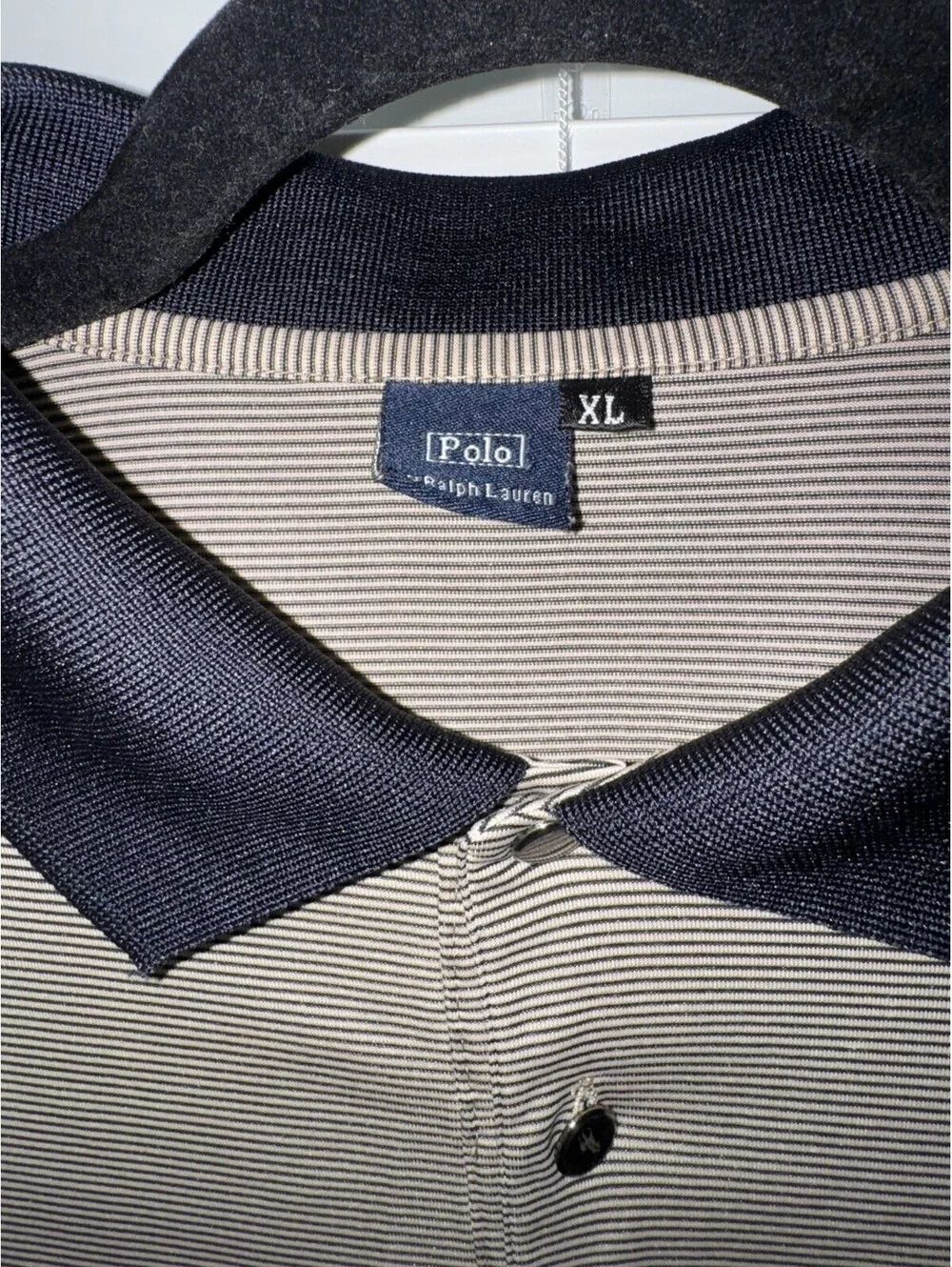 Vintage Polo Ralph Lauren Polo Golf Shirt Pony Pocket Striped Tan Black XL Men